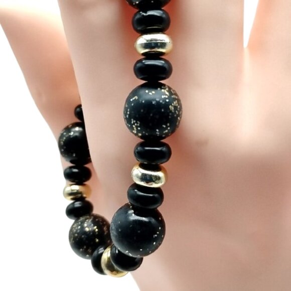 Black Beaded Stretch Bracelet with Gold Accents - Boho Chic Statement Jewelry - Picture 3 of 11